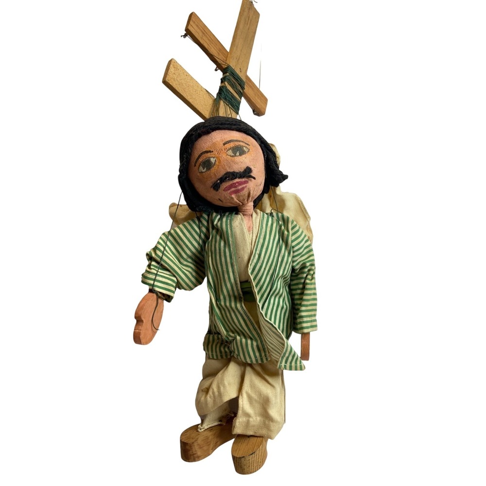 Vintage Marionette Puppet Doll Man Green Stripe Robe Wooden Control Toy